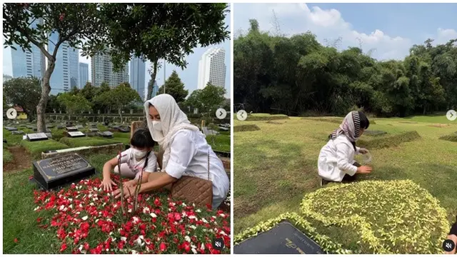 6 Momen Ririn Ekawati Ziarah ke Makam Mendiang Suami Bareng Ibnu Jamil dan Buah Hati