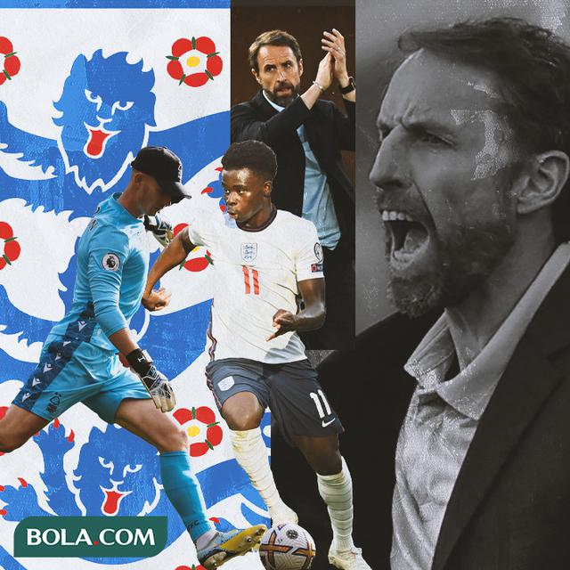 Ilustrasi - Gareth Southgate dikelilingi Bukayo Saka dan Dean Henderson