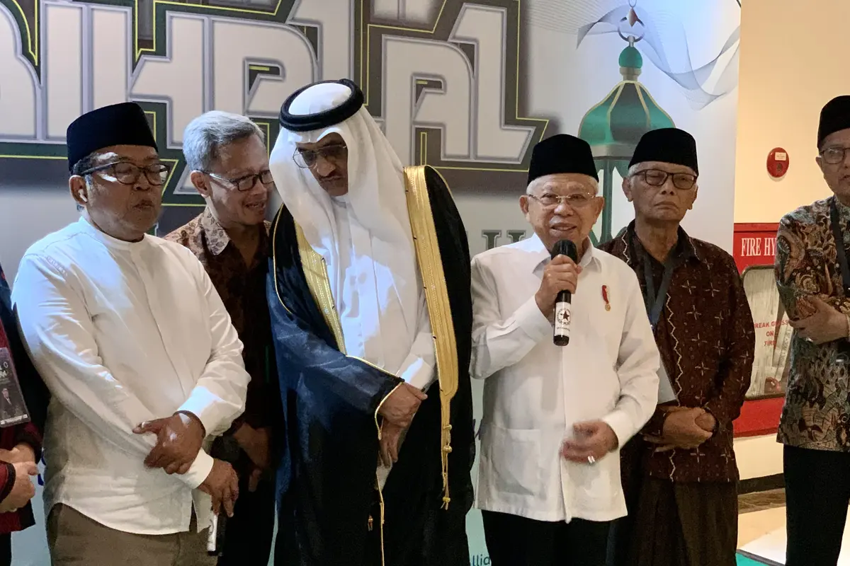 Wakil Presiden Ma’ruf Amin saat ditemui awak media di Grand Sahid Jaya, Jakarta, Selasa (7/5/2024).