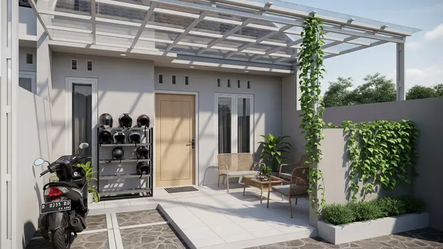 Model Teras Rumah Modern dengan Rak Helm & Parkir Motor Tertata/ Ilustrasi AI