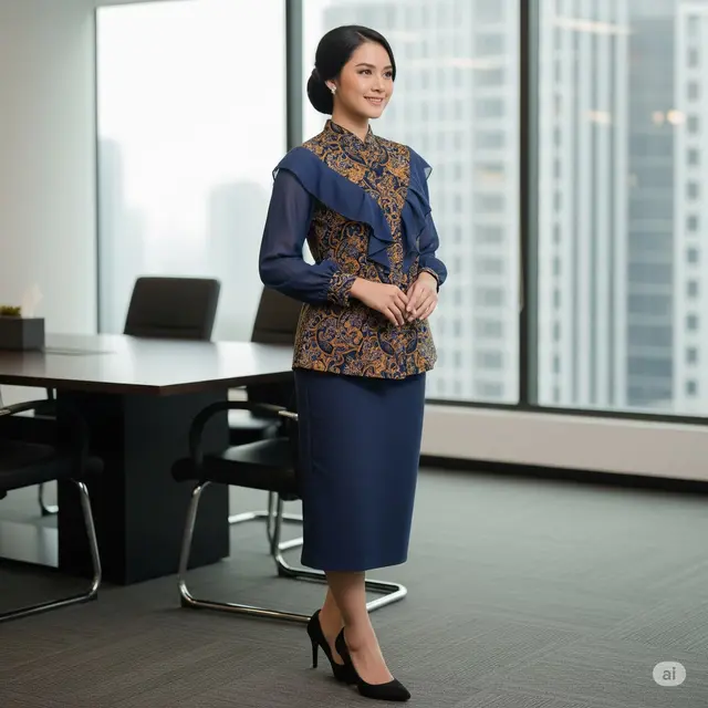 Blouse Batik Kerah Tinggi dengan Ruffle Layer Chiffon