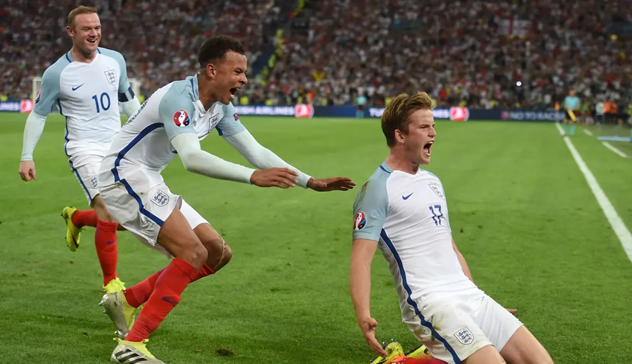 Inggris harus puas bermain imbang 1-1 kontra Rusia pada laga pertama Grup B Piala Eropa 2016 yang berlangsung di Stade Velodrome, Marseille, Minggu (12/6/2016) dini hari WIB. Eric Dier mencetak gol Inggris. (AFP/Paul Ellis)