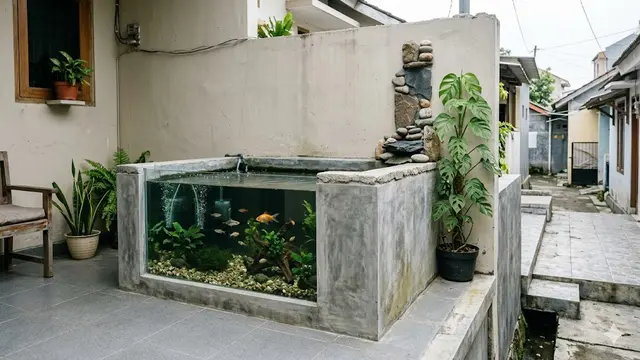 Desain Kolam Ikan Mini Nempel Tembok Rumah di Teras Sempit