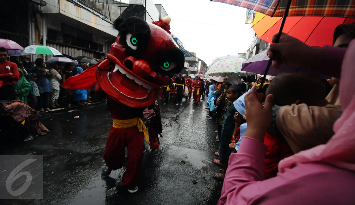 Penari Barongsai menghibur warga saat perayaan cap Go Meh dan Pesta Rakyat Bogor 2016 di Kota Bogor, Senin (22/2/2016). Puncak perayaan Tahun Baru Imlek 2567 di Kota Bogor juga dimeriahkan dengan Pesta Rakyat. (Liputan6.com/Helmi Fithriansyah)
