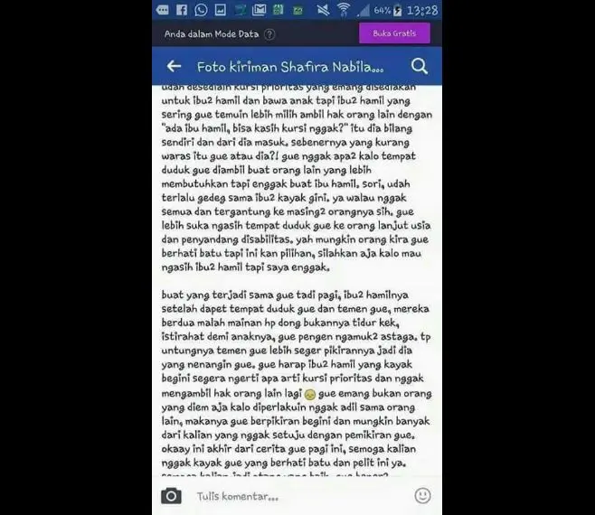 Shafira Nabila dan Curhatannya Soal Bangku untuk Ibu Hamil di KRL. (Facebook)