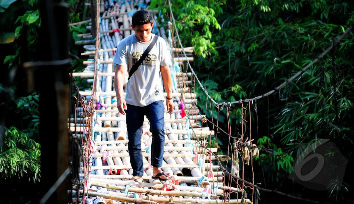 Seorang lelaki berjalan di atas jembatan bambu yang menghubungkan Kampung Bambon, Jakarta Selatan dan Kelapa Dua Depok, Depok, Jumat (13/3/2015). (Liputan6.com/Yoppy Renato)