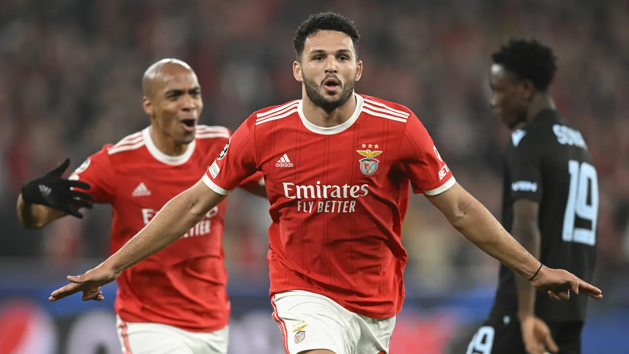 Selebrasi pemain Benfica Goncalo Ramos saat menjebol gawang Club Brugge