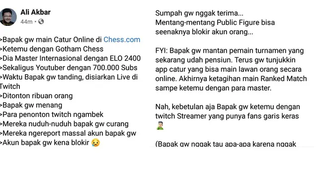 Unggahan tentang akun pemain Indonesia yang diblokir Chess.com