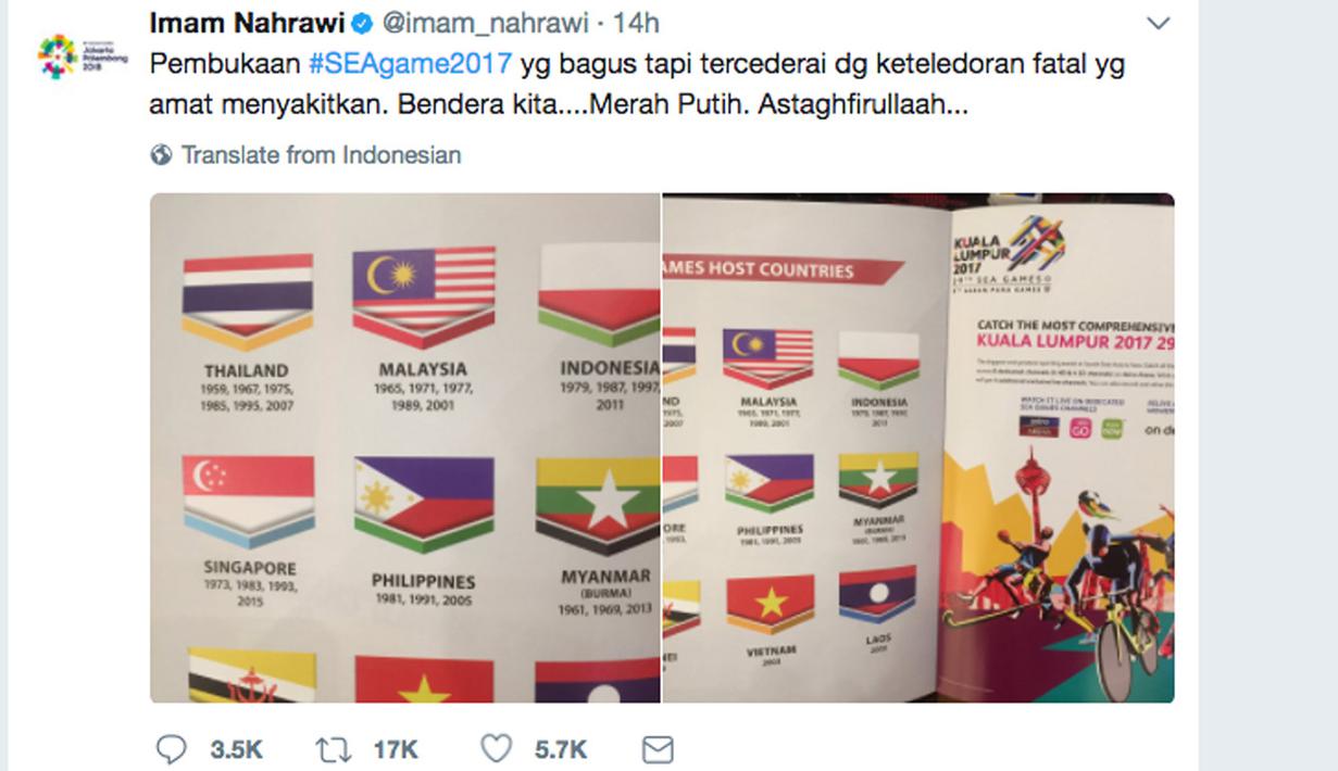 Protes Menpora, Imam Nahrawi saat bendera Merah-Putih dicetak terbalik pada buku Opening Ceremony SEA Games 2017 di Kuala Lumpur, Malaysia (20/8/2017). Indonesia melalui Kementrian Luar Negeri mengajukan note protes. (Bola.com/Twitter/Imam Nahrawi)