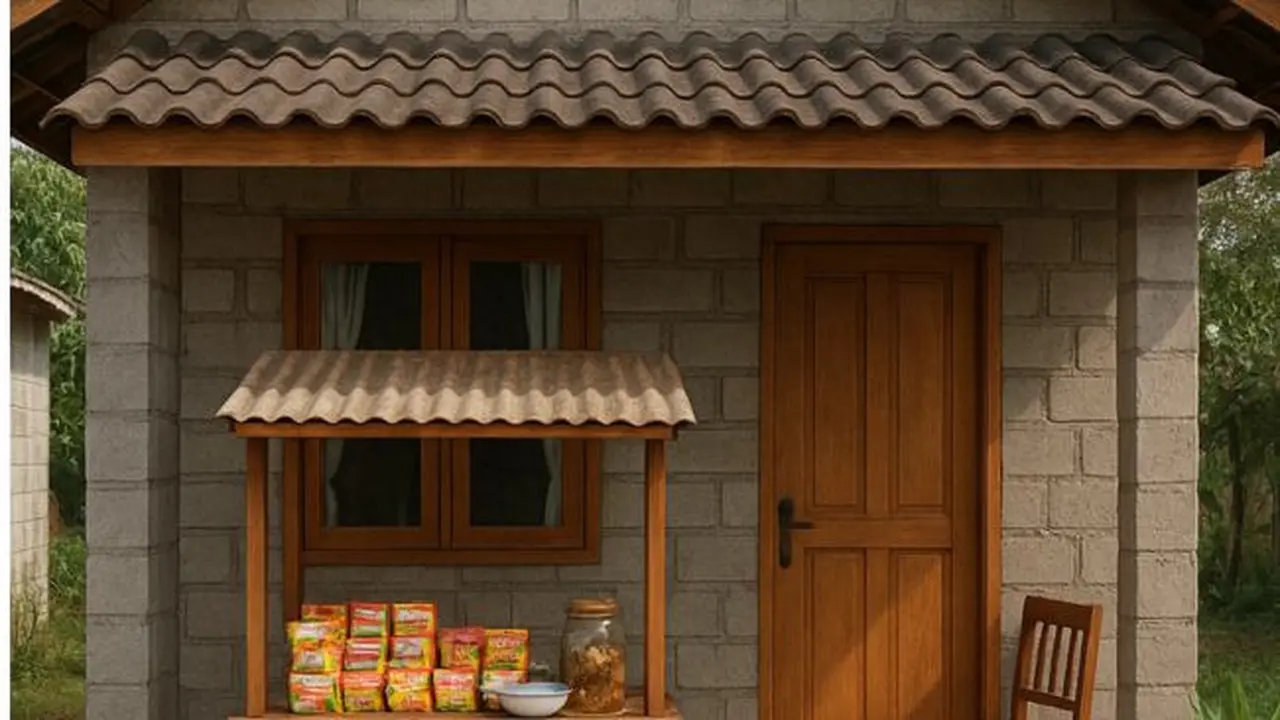 Ilustrasi Rumah Sederhana dari Bambu dan Batako dengan Warung di Teras (Sumber Gambar: Meta AI)