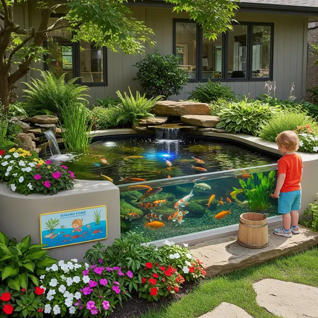 Taman Depan Rumah dengan Kolam Ikan Ramah Anak (Gemini AI)
