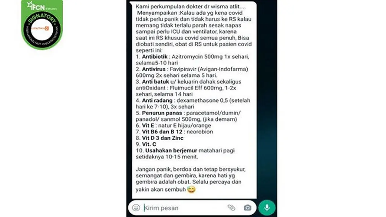 Gambar Tangkapan Layar Pesan Berantai Resep Obat Bagi Pasien COVID-19 dari RS Wisma Atlet (sumber: WhatsApp).