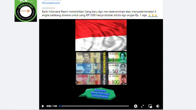 Tangkapan layar klaim Bank Indonesia resmi menerbitkan uang baru redenominasi