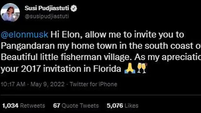 Cuitan Susi Pudjiastuti untuk Elon Musk. (Twitter/ susipudjiastuti)