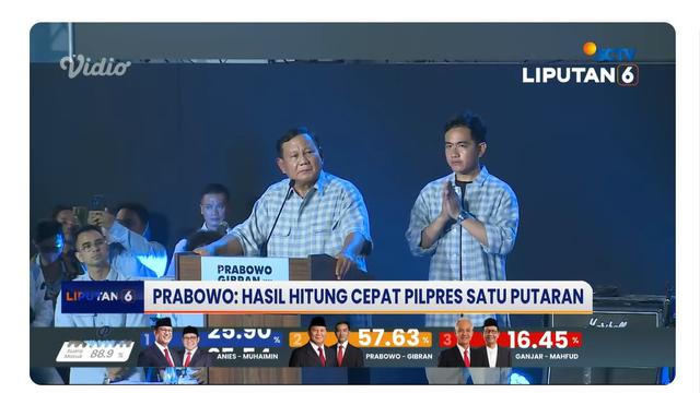 Capres dan Cawapres nomor urut 02 Prabowo Subianto-Gibran Rakabuming Raka saat pidato dan deklarasi kemenangan hasil sementara quick count Pemilu 2024 di Istora Senayan, Rabu (14/2/2024).
