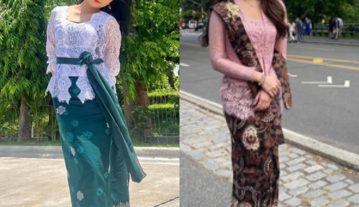 Keduanya tampil elegan dengan kebaya, Fuji mengenakan kebaya putih brokat dipadukan kain hijau serasi dengan belt kain. Aaliyah mengenakan kebaya pink dipadukan selendang dan bawahan kain batik.  [@fuji_an/@aaliyah.massaid]