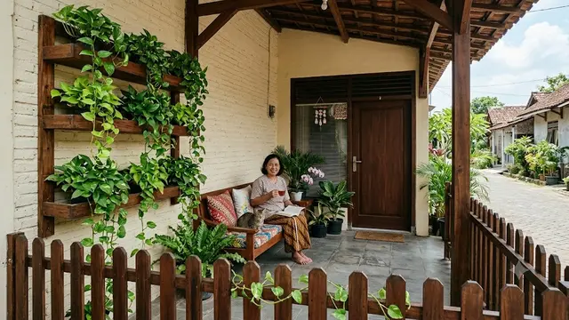 Ide Teras Rumah dengan Sirih Gading dan Pagar Kayu yang Desainnya Estetik Penggugah Kenyamanan Model dengan Rak Kayu dan Sirih Gading