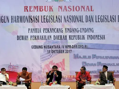 Suasana Rembuk Nasional Perancangan Undang -undang (PPUU) di Gedung Nusantara IV Komplek Parlemen, Senayan, Jakarta, Rabu (18/10). Acara bertema "Membangun Harmonisasi Legislasi Nasional dan Legislasi Daerah".  (Liputan6.com/Johan Tallo)