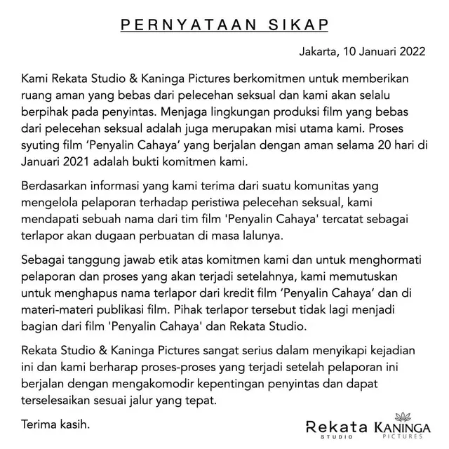 Pernyataan sikap Rekata Studio soal dugaan pelecehan seksual salah satu kru. (Foto: Dok. Instagram @rekatastudio)