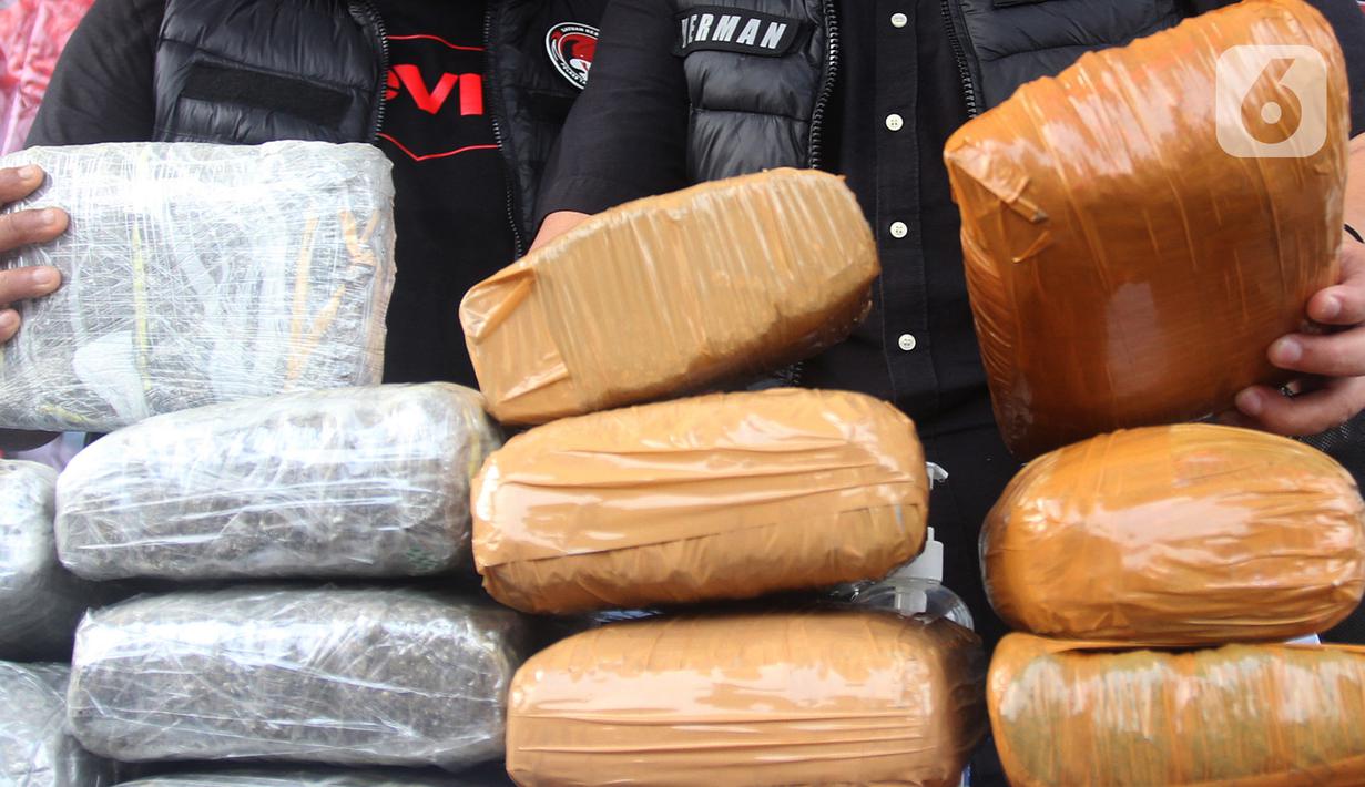 Barang bukti ganja sebanyak 39 kilogram asal Sumatera saat konferensi pers pengungkapan kasus narkotika di Polres Tangerang Selatan, Banten, Rabu (20/7/2022). Dalam kasus peredaran ganja tersebut sebanyak empat tersangka diringkus di daerah Cipinang Besar Selatan, Jakarta Timur, yang merupakan jaringan dari Aceh. (merdeka.com/Arie Basuki)
