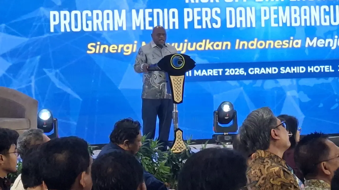 Menteri HAM Natalius Pigai dalam acara Kick Off dan Launching Program Media, Pers, dan Pembangunan Peradaban Hak Asasi Manusia di Indonesia di Grand Sahid Jaya Hotel, Jakarta.