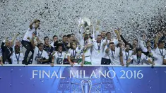 Real Madrid, meraih title juara Liga Champions yang ke-11 usai mengalahkan Atletico Madrid pada laga Final di San Siro Stadium, Milan (28/5/2016). (AFP/Olivier Morin)