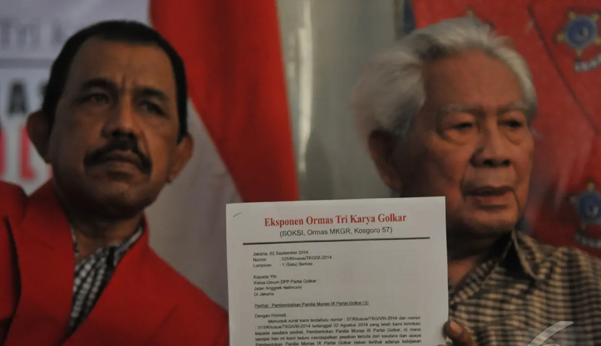 Pendiri Partai Golkar Suhardiman menggelar jumpa pers terkait Munas Golkar, Jakarta (2/9/2014) (Liputan6.com/Johan Tallo)