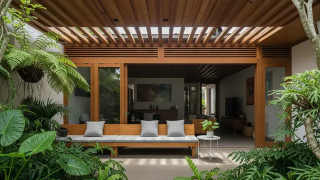 Teras Rumah Kecil dengan Atap Kayu dan Celah Ventilasi