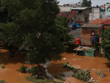 Aliran Sungai Ciliwung yang meluap di kawasan Pejaten Timur, Jakarta, Jumat (26/4). Banjir kiriman melalui Sungai Ciliwung yang berasal dari Bogor tersebut mengakibatkan sejumah wilayah di Ibukota terendam banjir. (Liputan6.com/Immanuel Antonius)