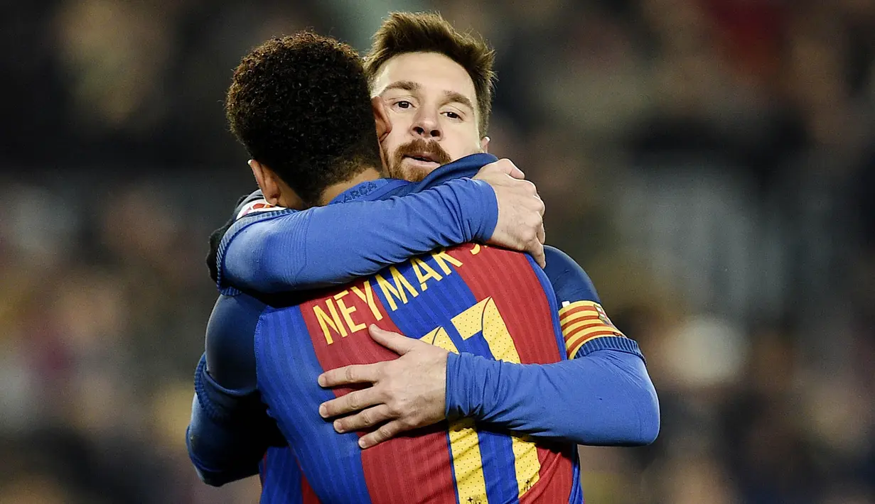 Sayang trio ini bubar pada musim panas 2017 setelah Neymar memilih hengkang ke Paris Saint-Germain dengan status pemain termahal dunia. (AFP/Lluis Gene)