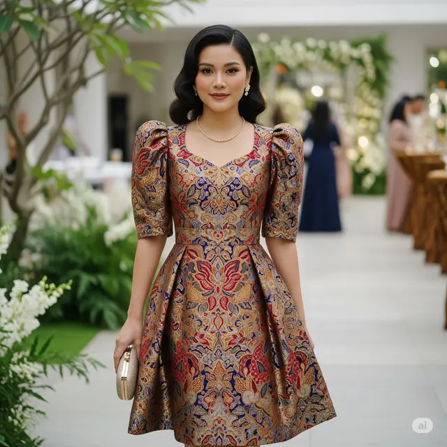 Model Dress Batik Lengan Puff Brokat Elegan
