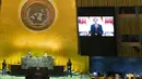 Presiden Joko Widodo atau Jokowi menyampaikan pidato secara virtual di Sidang Majelis Umum PBB, Rabu (22/9/2021). Jokowi mengajak dunia untuk serius menangani intoleransi, terorisme, dan perang. (Eduardo Munoz/Pool Photo via AP)