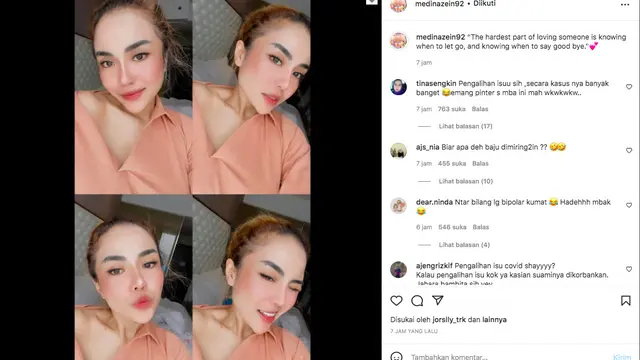 Medina Zein Kembali Dihujat Karena Unggah Potret Lepas Hijab. (instagram.com/medinazein92)