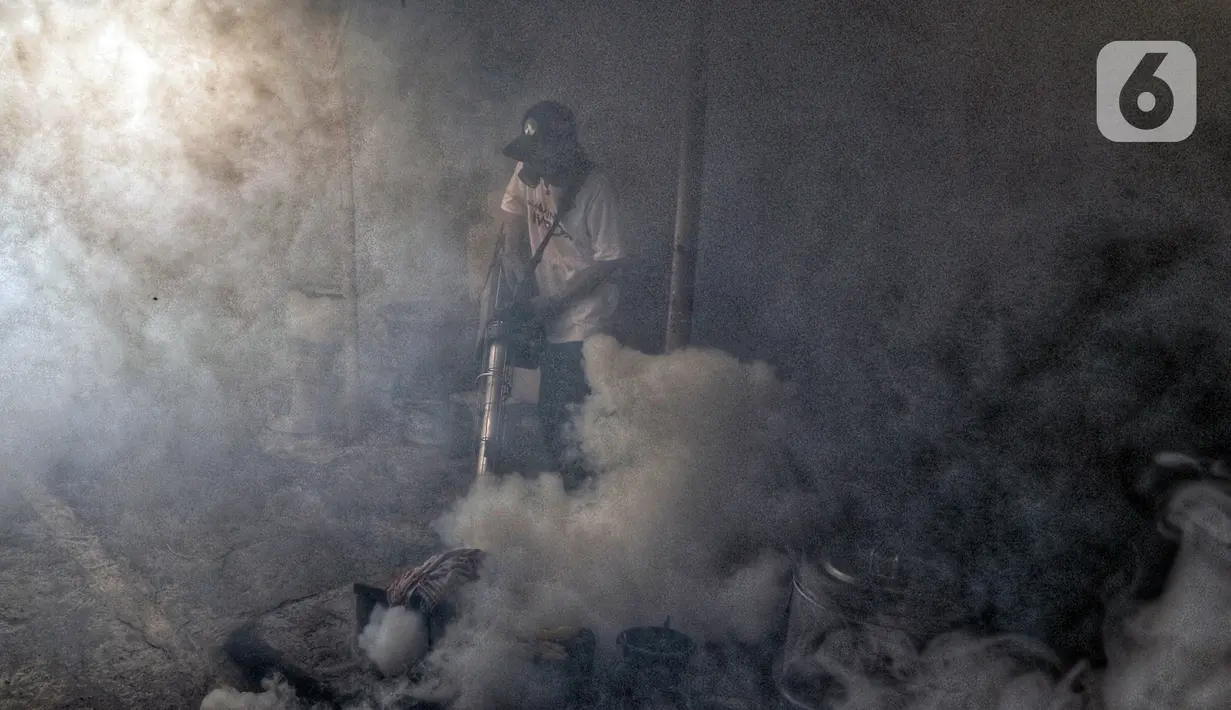 Petugas melakukan pengasapan atau fogging untuk membasmi nyamuk demam berdarah dengue (DBD) di kawasan Kebayoran Lama, Jakarta Selatan, Kamis (14/11/2019). Fogging dilakukan untuk mengantisipasi perkembangbiakan nyamuk DBD. (Liputan6.com/JohanTallo)