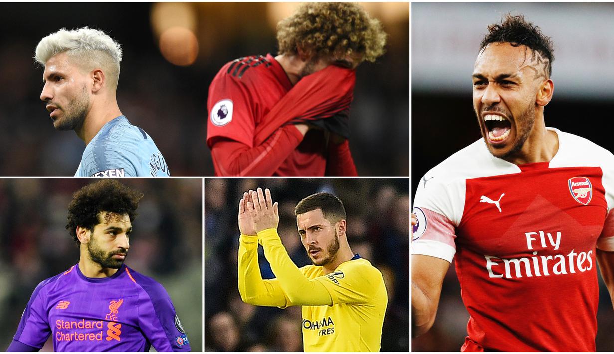 Pierre-Emerick Aubameyang dan Mohamed Salah berada di puncak top scorer sementara Premier League dengan 10 Gol. Berikut pemain yang masuk bursa pencetak gol terbanyak liga Inggris. Diantaranya, Sergio Aguero dan Eden Hazard. (Foto Kolase AP dan AFP)