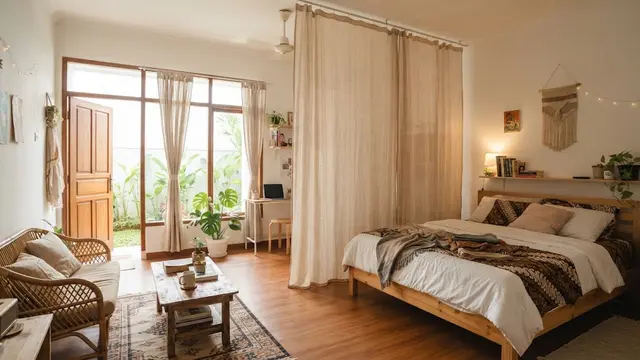 Ide menata ruang tamu yang menyatu dengan kamar tidur di rumah petak model memanfaatkan tirai sebagai sekat