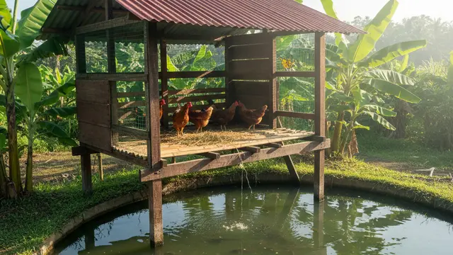 Desain Kandang Ayam di Atas Kolam, AI