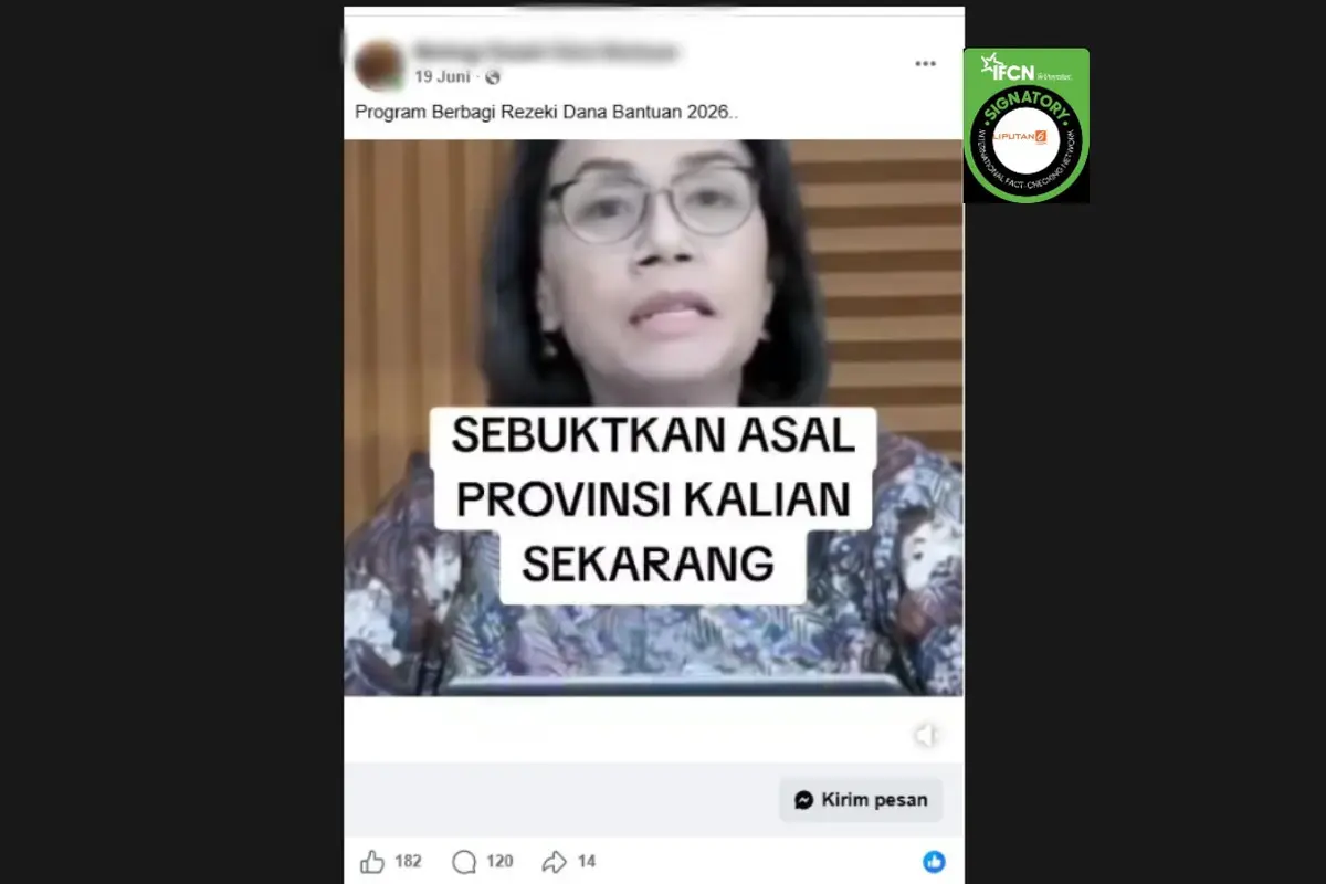 Cek Fakta Liputan6.com mendapati klaim video mantan Menkeu Sri Mulyani mengumumkan program berbagi rezeki.
