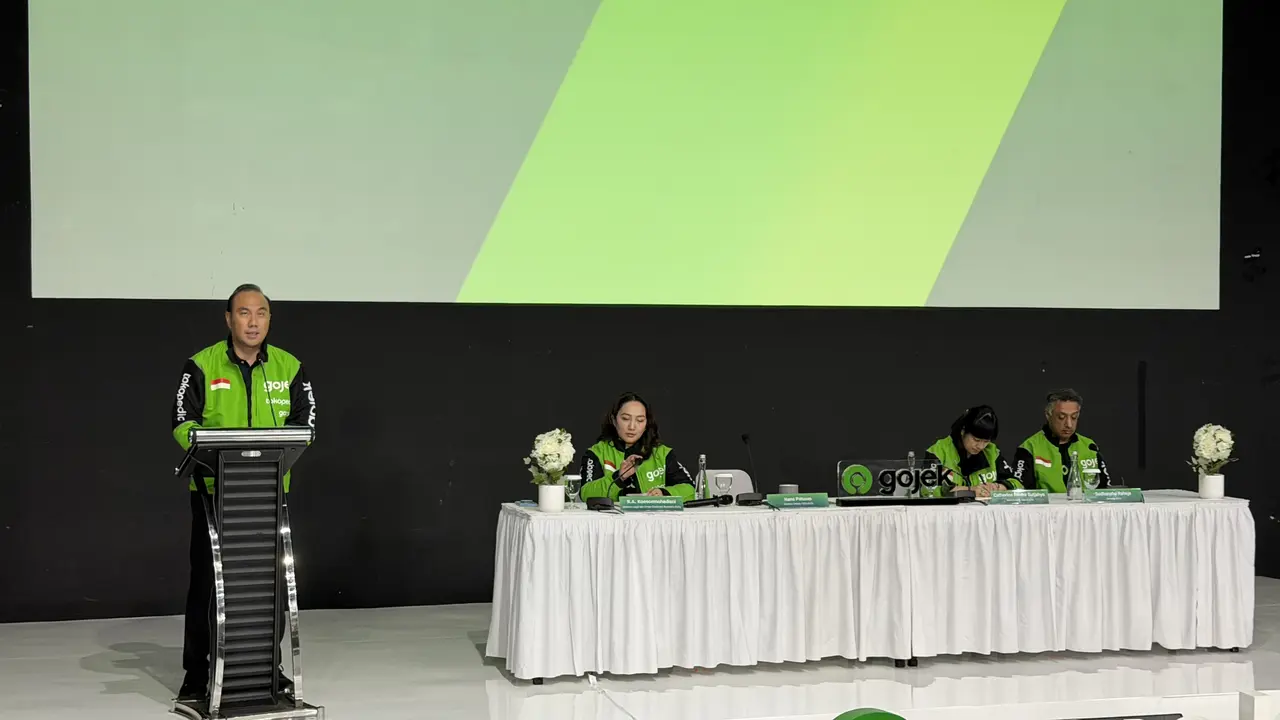Direktur Utama PT GoTo Gojek Tokopedia Tbk Hans Patuwo dalam Konferensi Pers di kantor Gojek, Jakarta Selatan, Selasa (19/5/2026). (Liputan6.com/Tira)