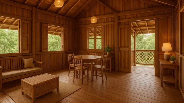 Model Rumah Kampung dengan Interior Kayu/Ilustrasi gambar oleh AI