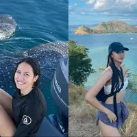 Potret keseruan selebriti liburan menikmati destinasi wisata alam.