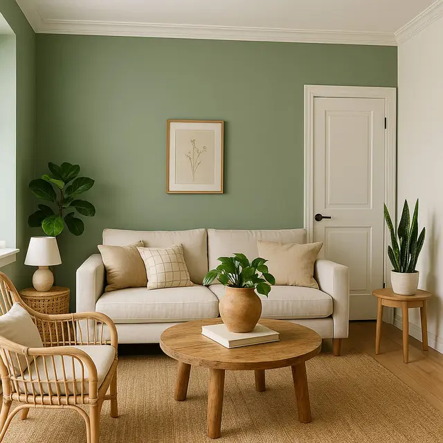 Ruang tamu warna Sage Green + Broken White (Foto: ChatGPT)