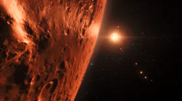Tampilan di atas permukaan salah satu planet dalam sistem Trappist-1 yang dirilis oleh NASA, Washington, AS, Rabu (22/2). Para astronom menemukan sistem bintang yang dekat dengan sistem tata surya. (AFP PHOTO / M. Kornmesser)