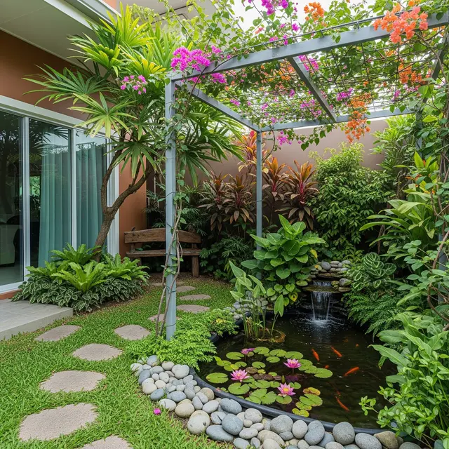 Sudut Taman Kecil dengan Pergola Baja Ringan (Gemini AI)