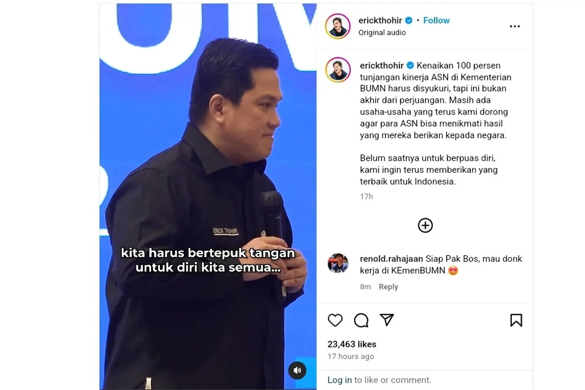 Tukin Kementerian BUMN Naik Jadi 100%, Ini Pesan Erick Thohir