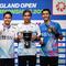 Peraih medali emas, Jonatan Christie (kanan) berpose bersama Anthony Sinisuka Ginting dan pelatih Irwansyah usai laga Final Tunggal Putra Kejuaraan Bulutangkis Terbuka All England di Utilita Arena, Birmingham, Inggris, pada 17 Maret 2024. (JUSTIN TALLIS/AFP)