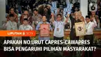 Nomor urut capres-cawapres disambut antusias oleh masing-masing pasangan. Melalui pantun, Anies-Cak Imin, Prabowo-Gibran, hingga Ganjar-Mahfud, yakin nomor urut mereka sudah yang paling tepat. Lalu bisakah nomor urut mempengaruhi pilihan masyarakat ?...