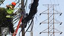 Pekerja mengecek instalasi kabel di tiang listrik milik PLN, Jakarta, Jumat (26/2). PLN menjaga mutu keandalan penyaluran tenaga listrik, memenuhi ketentuan keselamatan ketenagalistrikan, dan estetika tata kota Jakarta. (Liputan6.com/Immanuel Antonius)