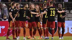 Pemain Belgia merayakan gol Leandro Trossard ke gawang Polandia selama pertandingan grup A4 UEFA Nations League di Stadion King Baudouin di Brussels, Kamis (9/6/2022). Trossard mencetak dua gol dan mengantar Belgia menang telak atas Polandia 6-1. (AP Photo/Geert Vanden Wijngaert)