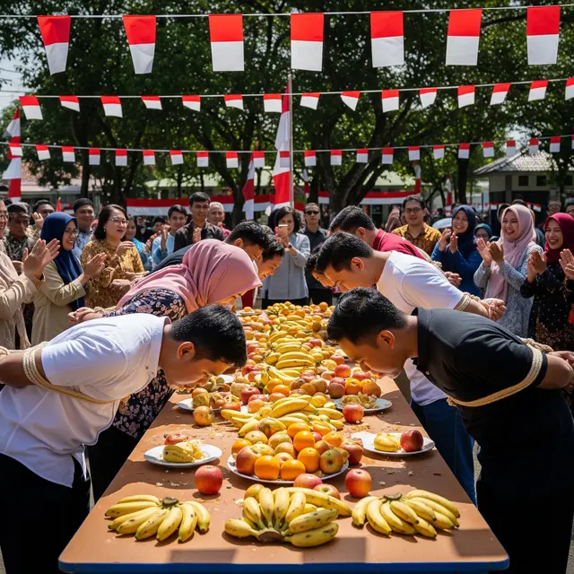 Lomba Makan Pisang atau Buah dengan Tangan Terikat (AI Generated)